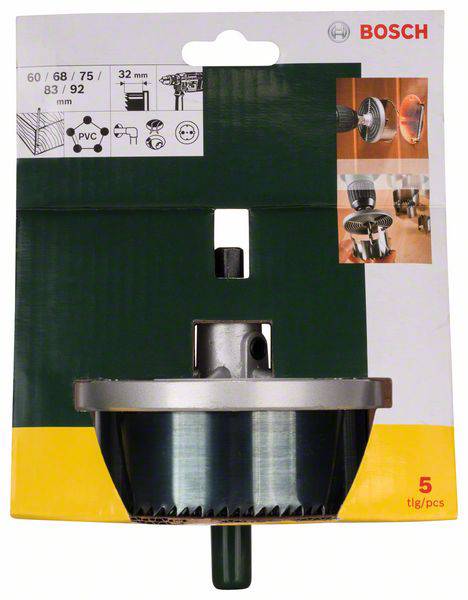 Bosch set za kružne pile, prikazuje alate u upotrebi. Veličine: 60, 68, 75, 83, 92 mm. Pogodan za PVC i slične materijale.