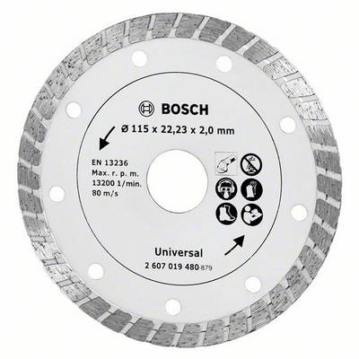 Brusna ploča sa srebrnim rubom i bijelom sredinom. Natpis: 'Bosch, 115 x 22,23 x 2,0 mm, EN 13236, Maks. 13200 o/min, 80 m/s, Univerzalna'.