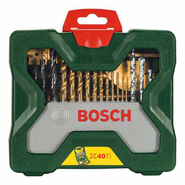 Boschov set svrdala u zelenoj kutiji s prozirnim otvorom. Različita metalna svrdla vidljiva. Logotip marke vidljiv.