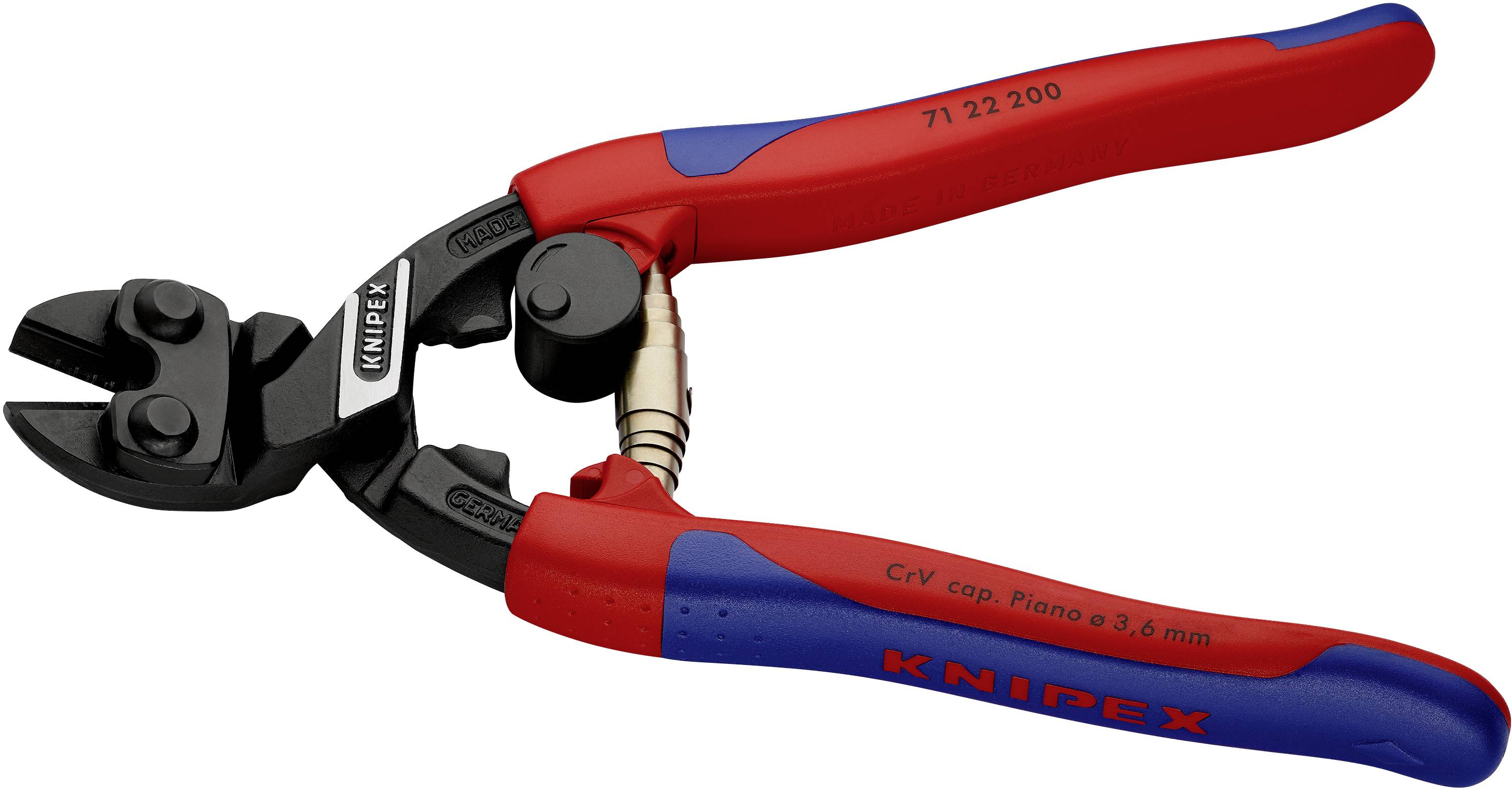 Kliješta za skidanje izolacije s crvenim ručkama i plavim naglascima, podesna za rezanje žica i kabela. Model i naziv marke su vidljivi.