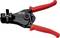 Na slici je prikazan crni kabelski rezač s crvenim ručkama marke KNIPEX, model broj 12 21 180.