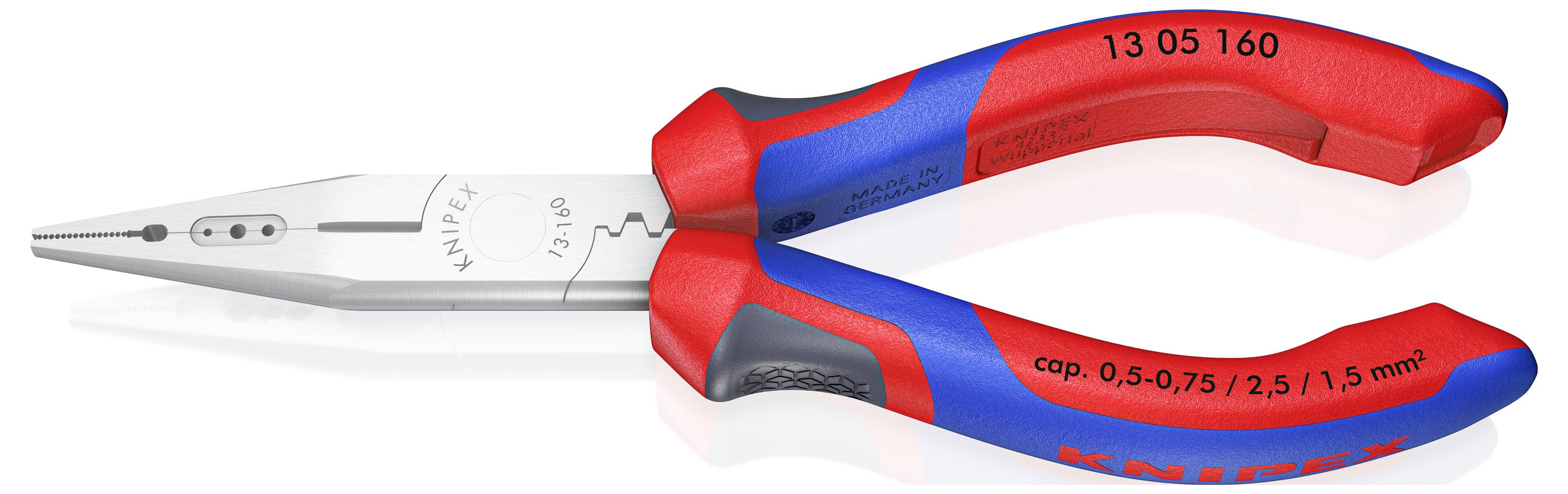 Crveno-plava kliješta marke Knipex, model broj 13 05 160. Pogodna za kabelski presjek od 0,5 do 1,5 mm².