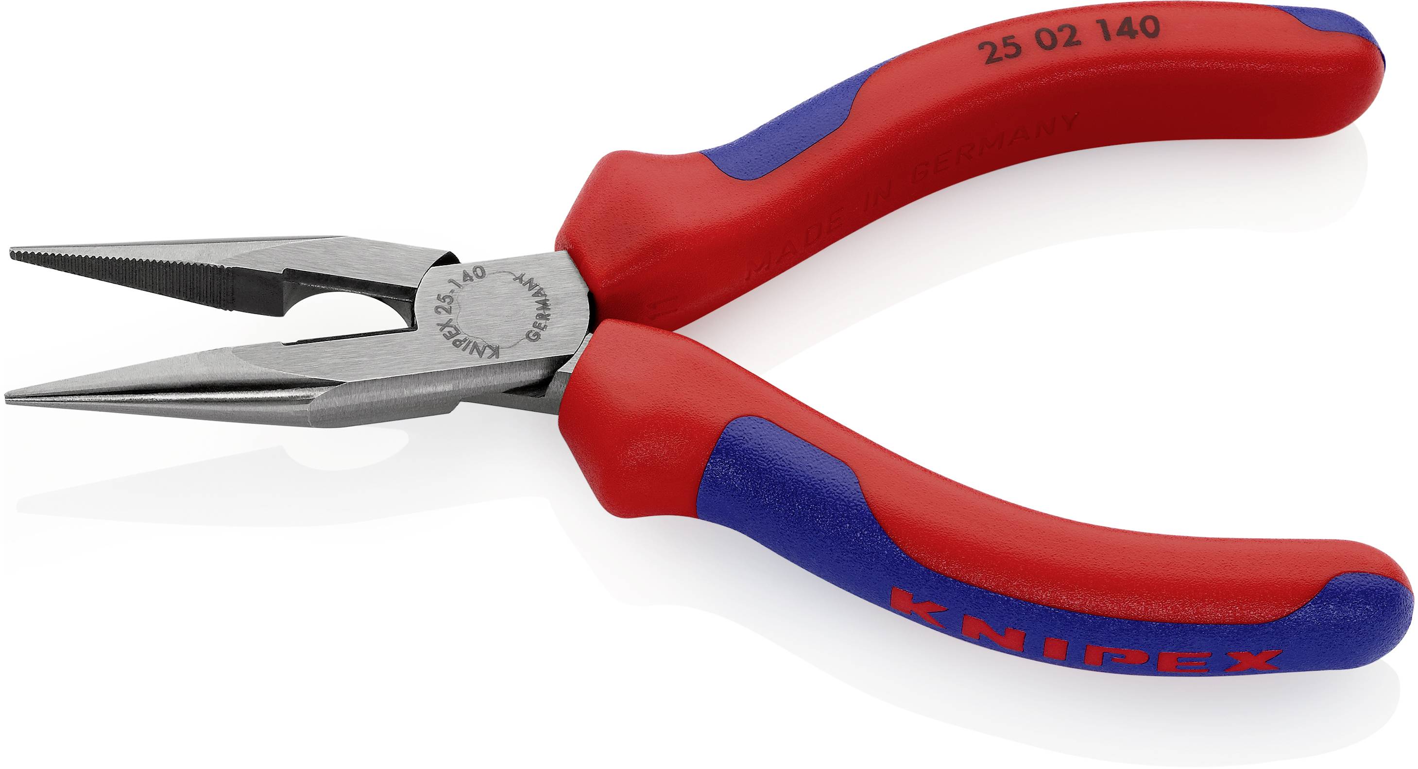 Crvene i plave škarice Knipex-a sa uskim, šiljastim čeljustima, pogodne za precizne radove u elektronici ili finomehanici.