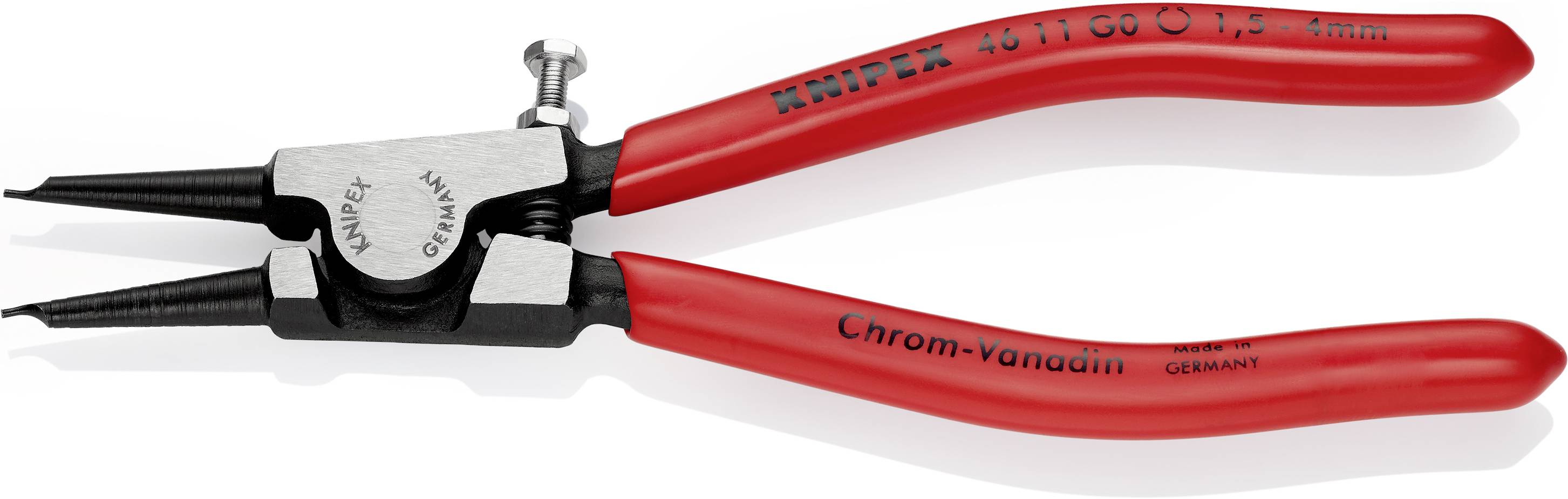 Crvene kliješta za unutarnje sigurnosne prstene KNIPEX, pogodne za sigurnosne prstene promjera 3-6 mm. Obložene drške za bolji hvatac.