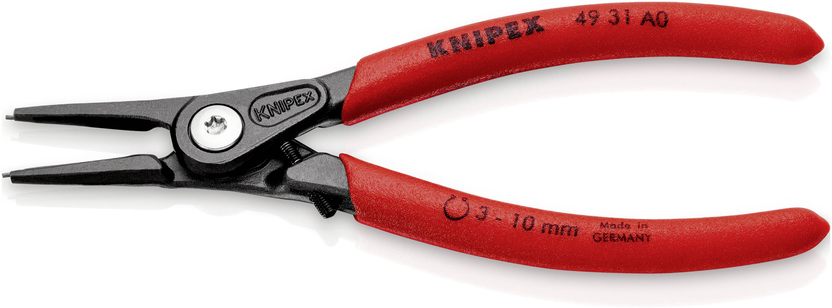 Crvena Knipex okrugla kliješta s crnom glavom, pogodna za 3-10 mm. Izrađena u Njemačkoj.