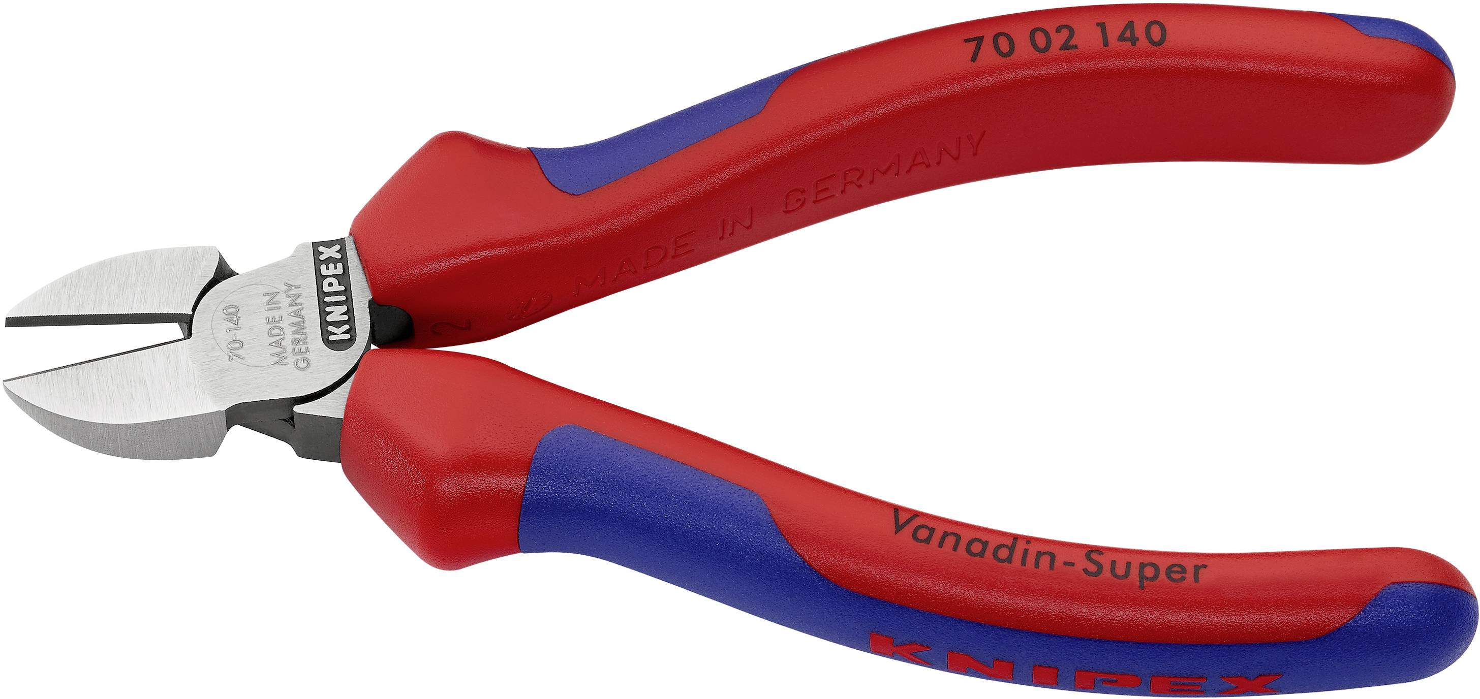 Crvene i plave kliješta za rezanje žice marke Knipex, pogodne za precizno rezanje žica. Natpis: 'Vanadij-Super'.