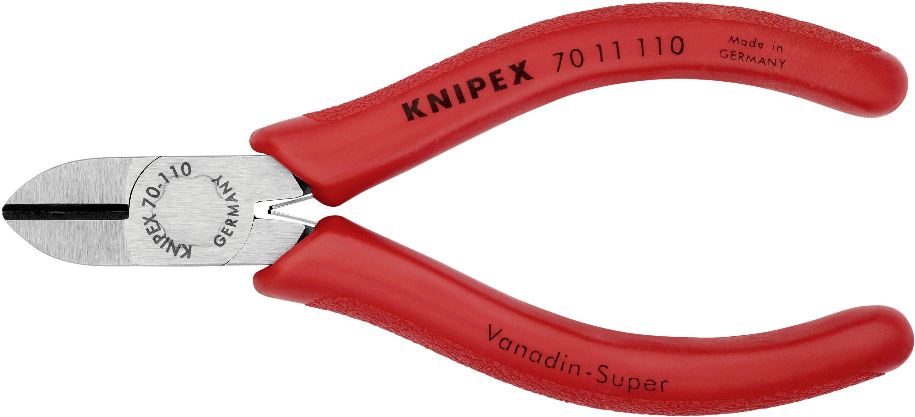 'Knipex bočni rezač s crvenom ručkom, model 70 11 110, izrađen u Njemačkoj. Pogodan za precizno rezanje žica.'