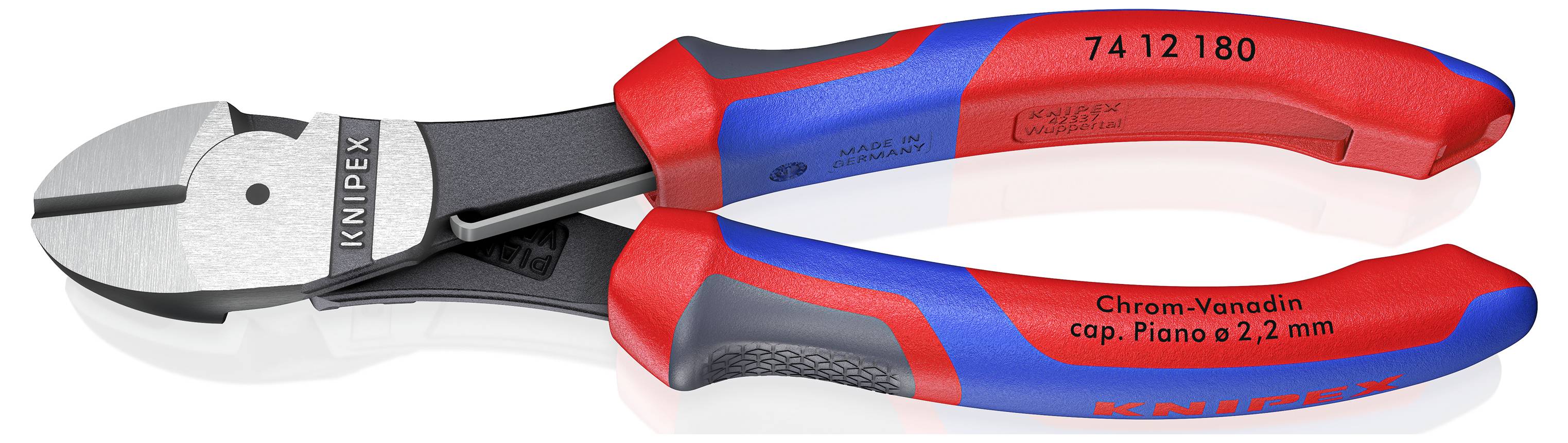 Škare za rezanje žice marke Knipex s plavim i crvenim ručkama, pogodne za rezanje žice za klavir do 2,2 mm.