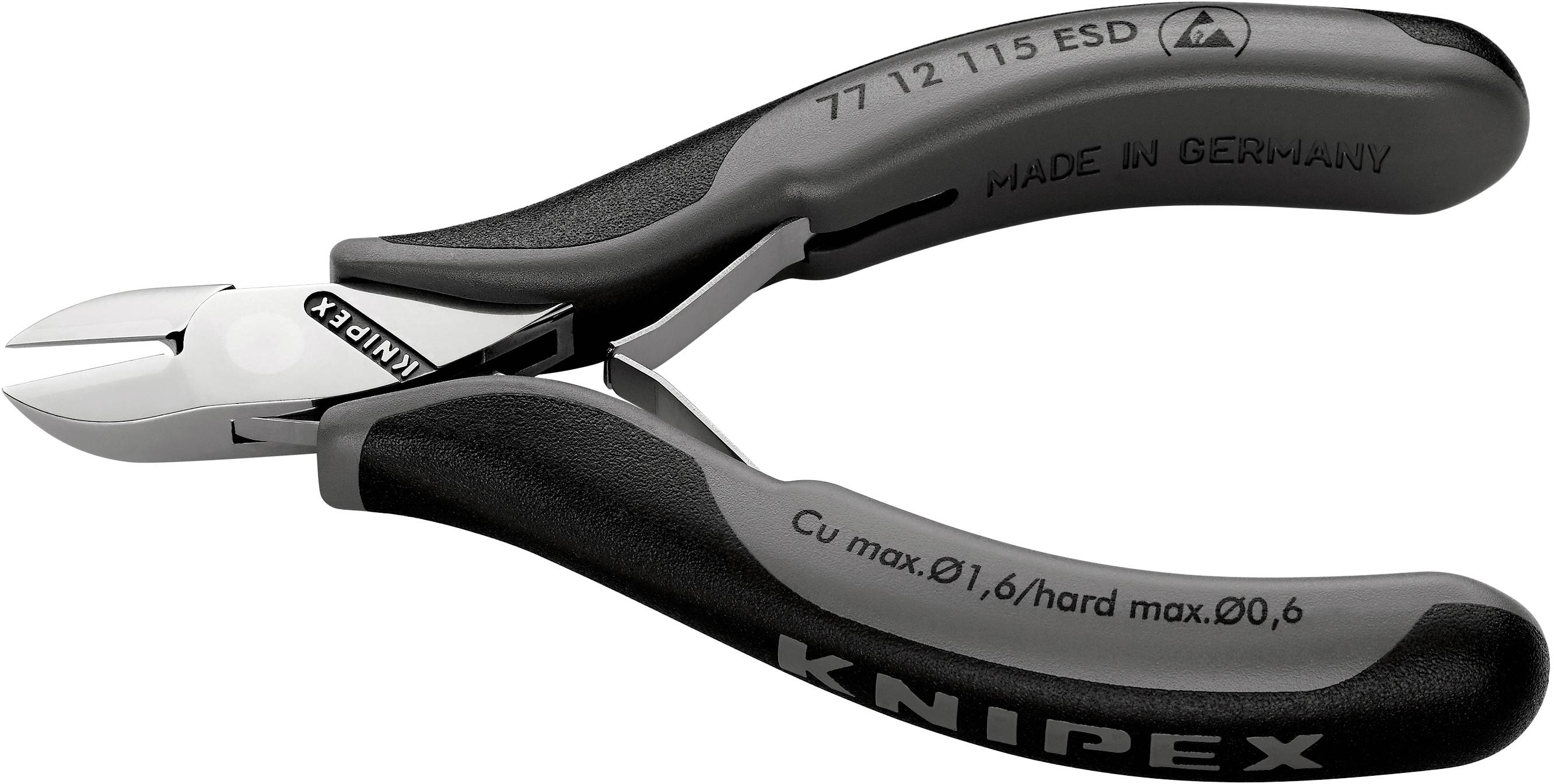 Bočne škare s crnom ručkom, natpis 'Knipex', za precizno rezanje žica i elektroničkih komponenata.