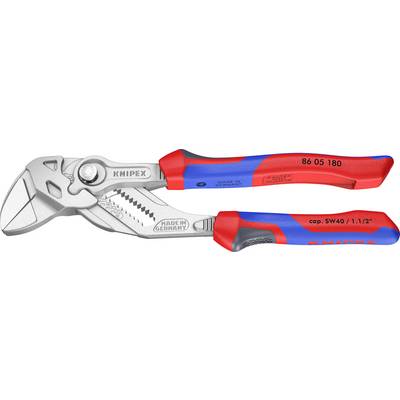 Kliješta za elektroinstalacijske radove s crvenim i plavim rukovanjem, označena sa "KNIPEX," "Made in Germany" i "86 05 180." Imaju višežljebnu, nazubljenu čeljust.
