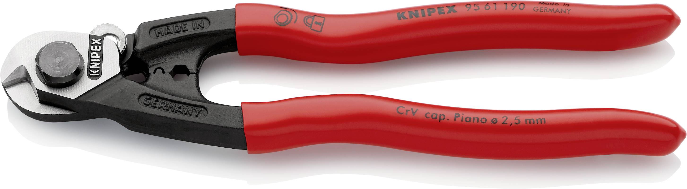 Crveni kabelski rezač s ovalnom glavom i crnom ručkom. Na ručki piše 'Knipex' i 'C7' te ostali tehnički podaci.