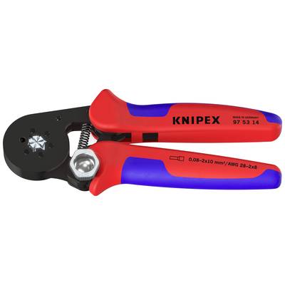 Krimp kliješta s crvenom i plavom ručkom, naziv marke 'KNIPEX', pogodna za veličine kabela 0,08–2,0 mm²/AWG 28–2x8, izrađena u Njemačkoj.