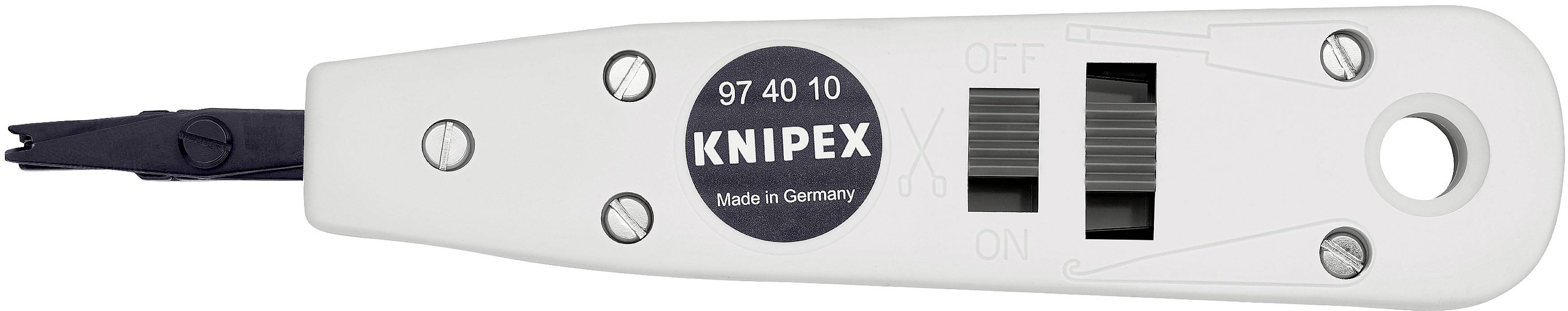 Alat za rezanje i skidanje izolacije s kablova marke Knipex, model 97 40 10, s logom i natpisom 'Made in Germany'.
