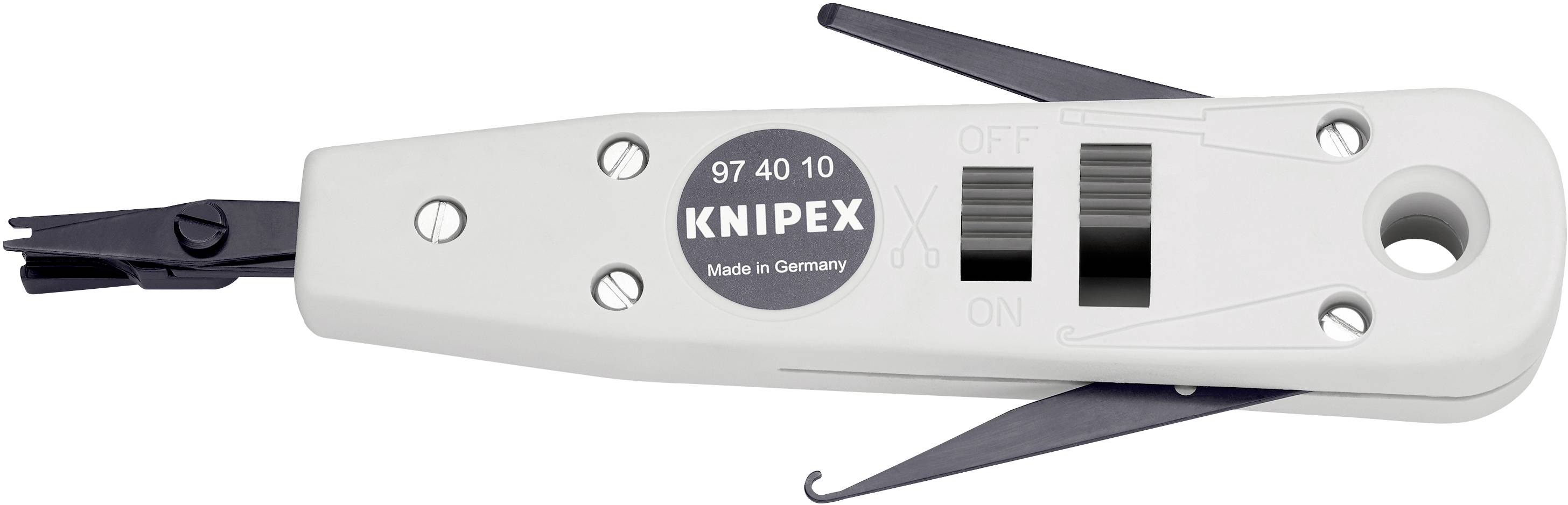 Sivo-crni Knipex uređaj za skidanje izolacije s polugom i oštricama, aktiviran prekidačima 'ON' i 'OFF', 'Made in Germany'.