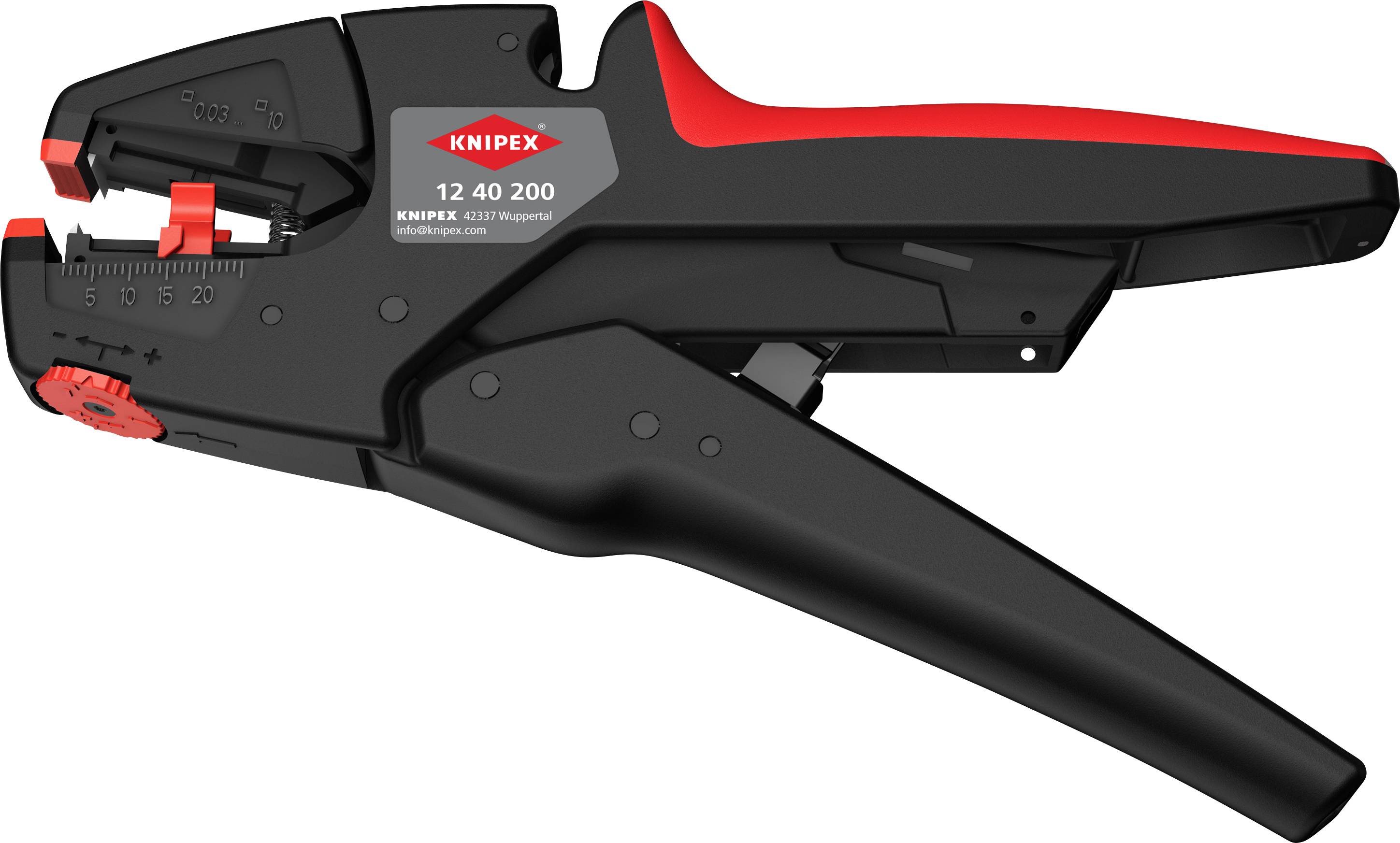 Crni i crveni alat označen natpisom 'Knipex 12 40 200' s ručkom i kotačićem za podešavanje, namijenjen skidanju izolacije s električnih kabela.