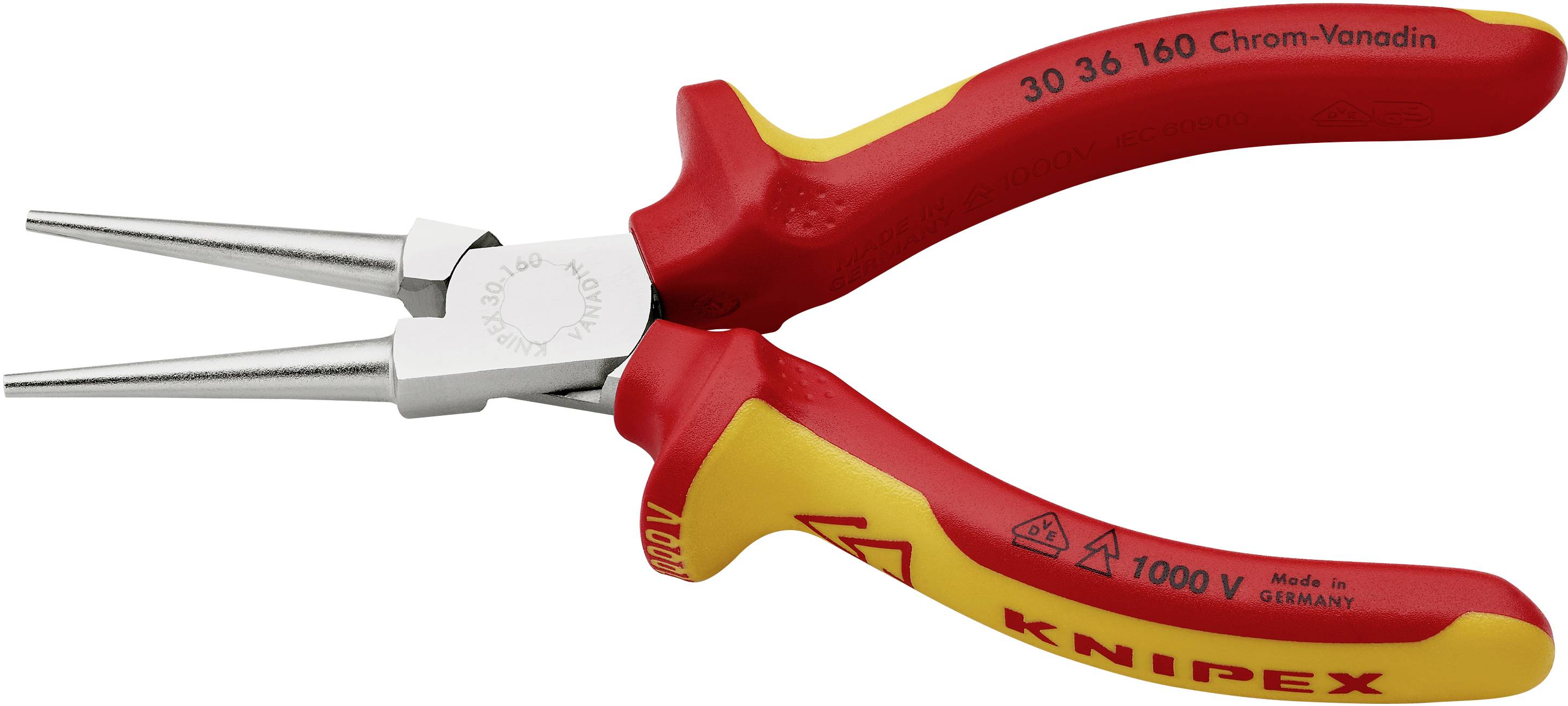 Crvene i žute električne šiljaste kliješta Knipex, pogodne za radove do 1000 volti. Duljina 160 mm, izrađene od čelik kroma i vanadija.
