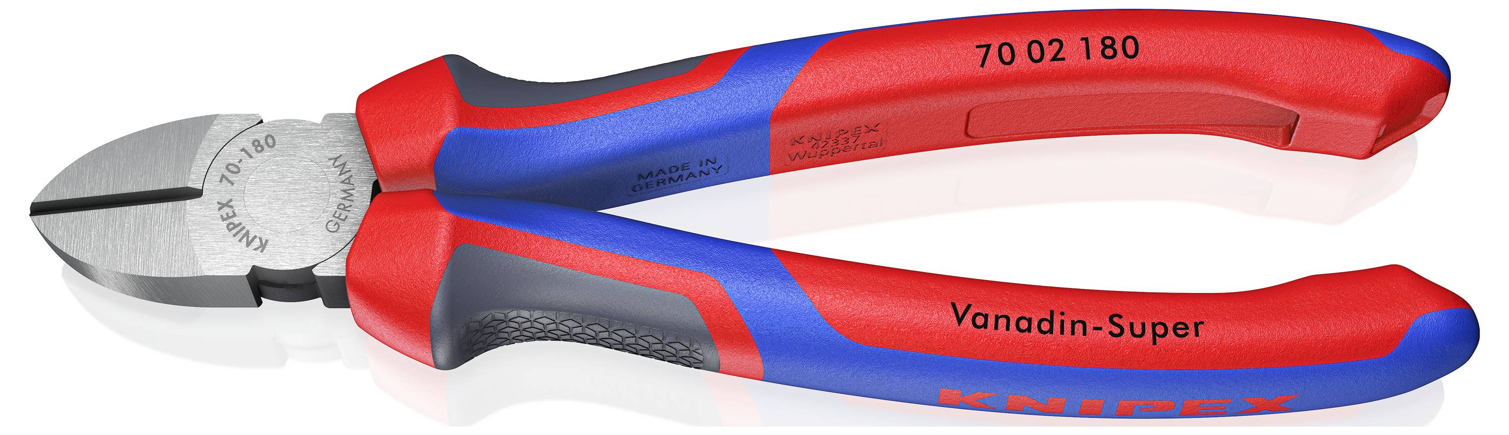 Bočni rezač s crvenim i plavim ručkama, kovan od čelika, s natpisom 'Vanadin-Super' i 'Knipex'.