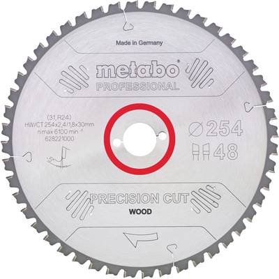 List pile Metabo marke, natpis: Professional, Precision Cut Wood, promjera 254 mm, 48 zubi, izrađeno u Njemačkoj.