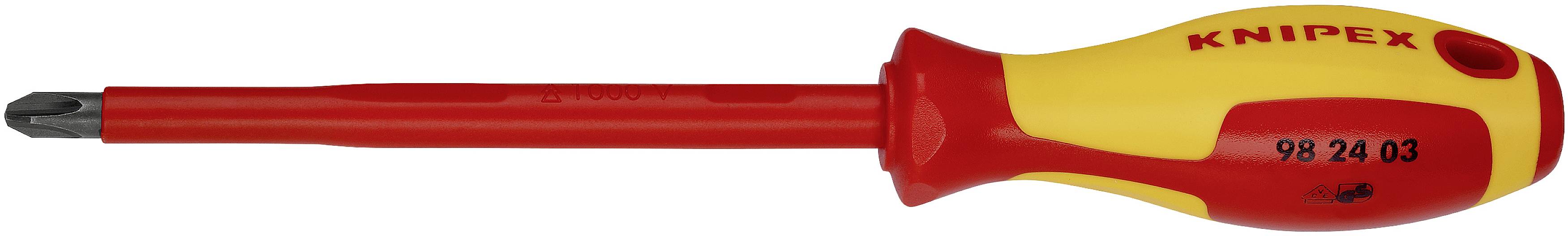 Odvijač sa žutom i crvenom ručkom, preciznog vrha; marka 'Knipex'; pogodan za precizne radove vijčanja.