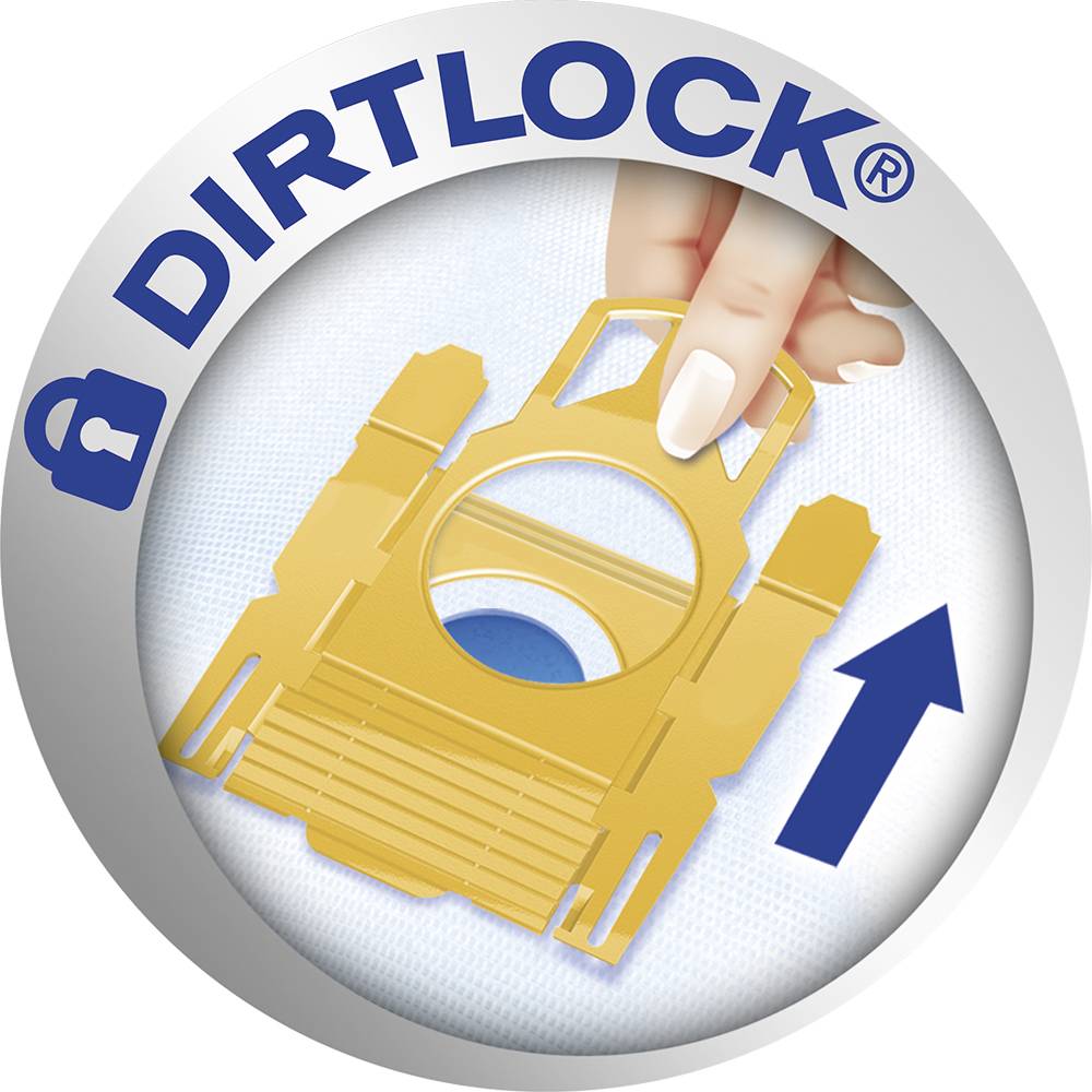 Jedna ruka uklanja žutu kartušu vrećice za prašinu usisavača s logotipom 'Dirtlock'. Plava strelica pokazuje prema gore.