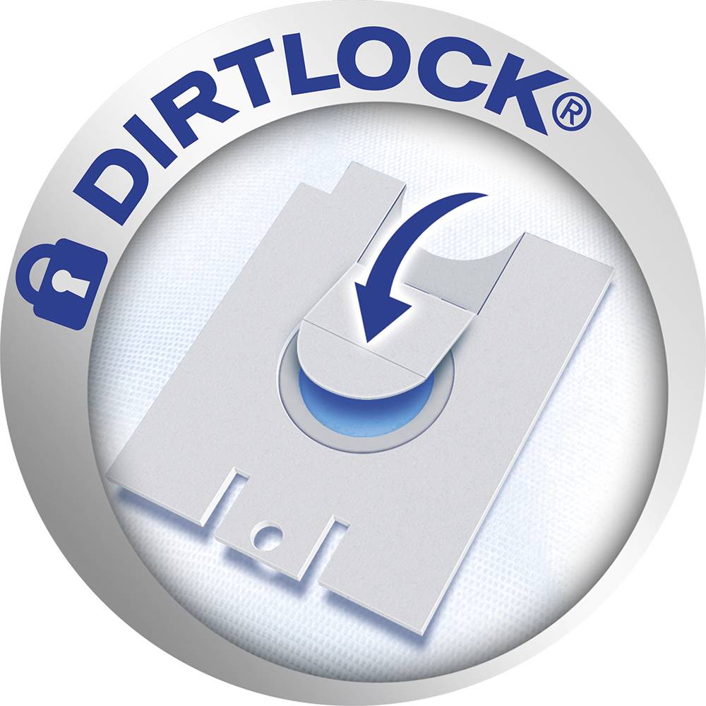 'DIRTLOCK®' logo s stiliziranom vrećicom za prašinu i strelicom koja pokazuje na sustav zatvaranja. Simbolizira učinkovitu kontrolu prašine.
