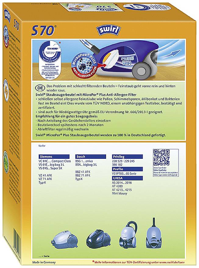 Paket Swirl Staubsaugerbeutel S70 s MicroPor Plus filterom. Prikazuje usisavač i detalje o učinkovitosti filtracije.