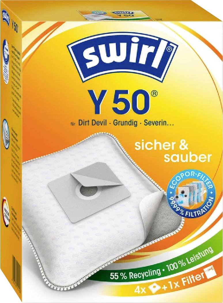 Paket vrećica za usisavač 'Swirl Y50' s prikazom filtra. Obećanje performansi: 55% recikliranja, 100% učinka, 99% filtracije.