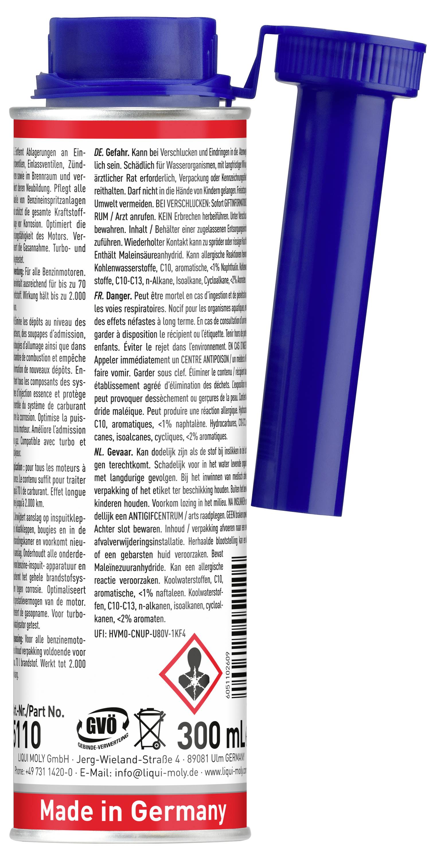Plava plastična posuda i priložena cijev u obliku epruvete sa zavojnim čepom, označena sa '300 ml' i 'Made in Germany'.