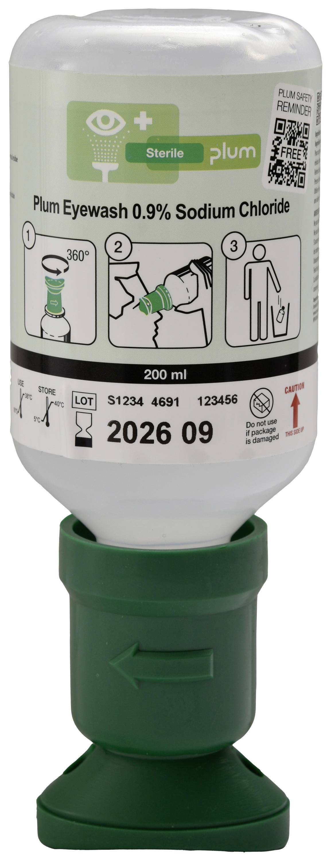 Plum bočica za ispiranje očiju 0,9% natrijev klorid, 200 ml' prikazuje upute za upotrebu u tri koraka pomoću grafičkih simbola na etiketi.