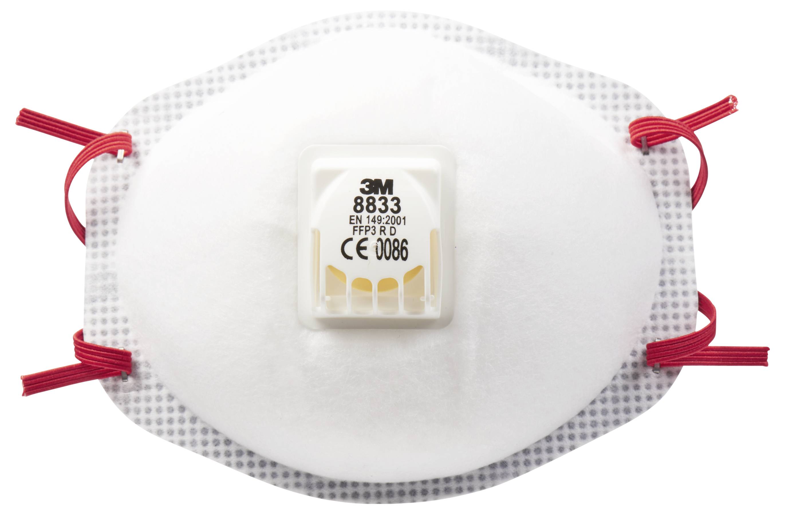 Bijela zaštitna maska FFP3 razreda s crvenim trakama i ventilom. Natpis prikazuje normu i broj modela. Štiti od čestica.
