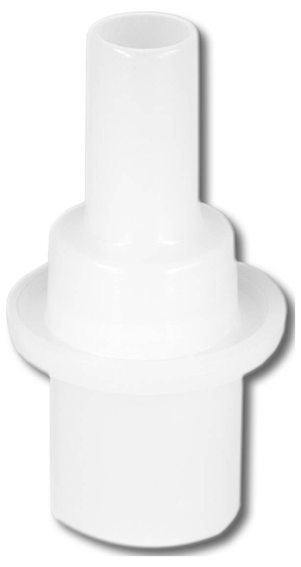 Bijeli, cilindrični plastični adapter s uskim krajem gore i širim krajem dolje, na bijeloj pozadini.