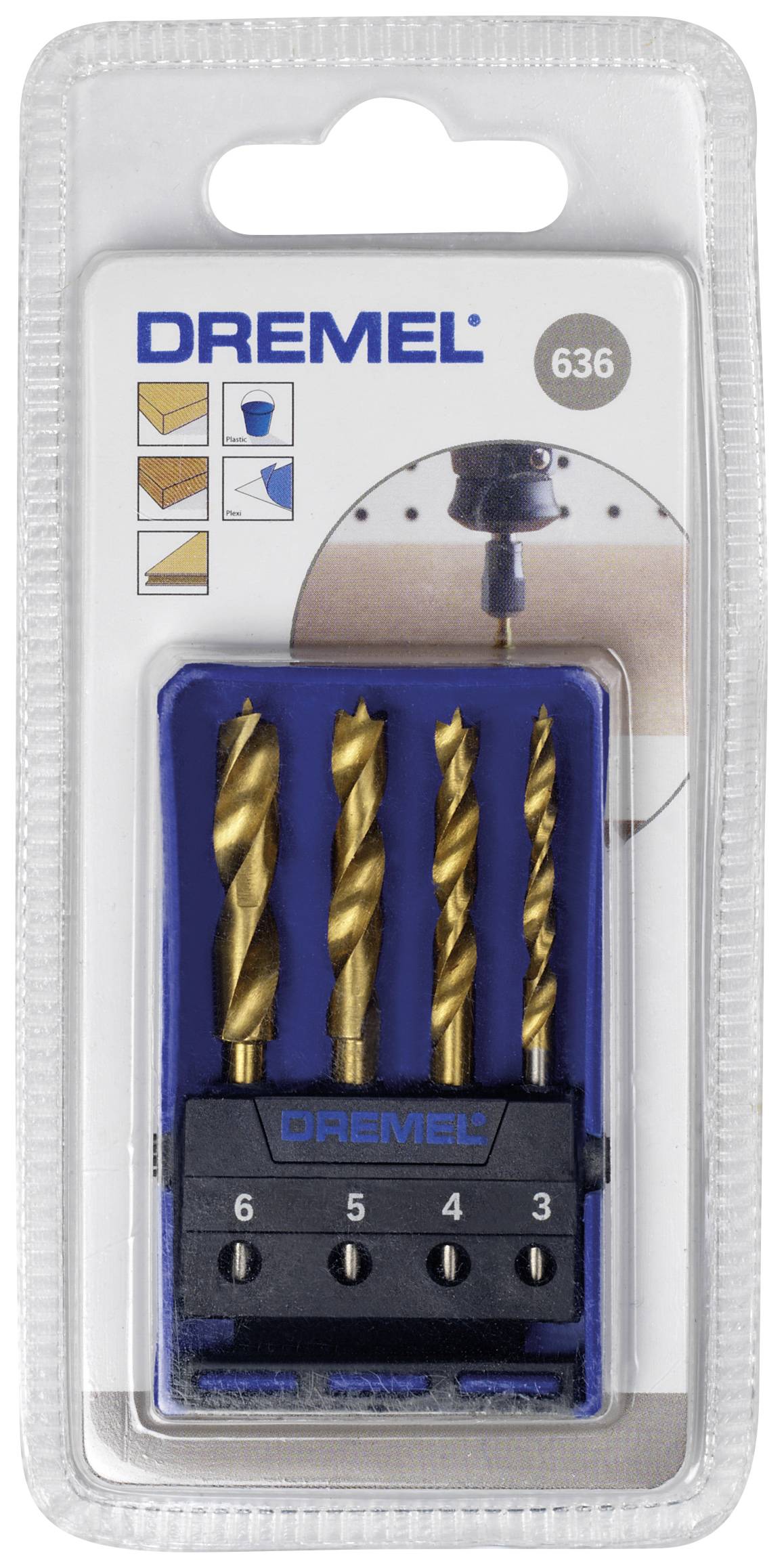 Set Dremel svrdla za drvo (br. 636) s četiri zlatna svrdla različitih veličina, pogodan za obradu drva, prikazan u pakiranju.