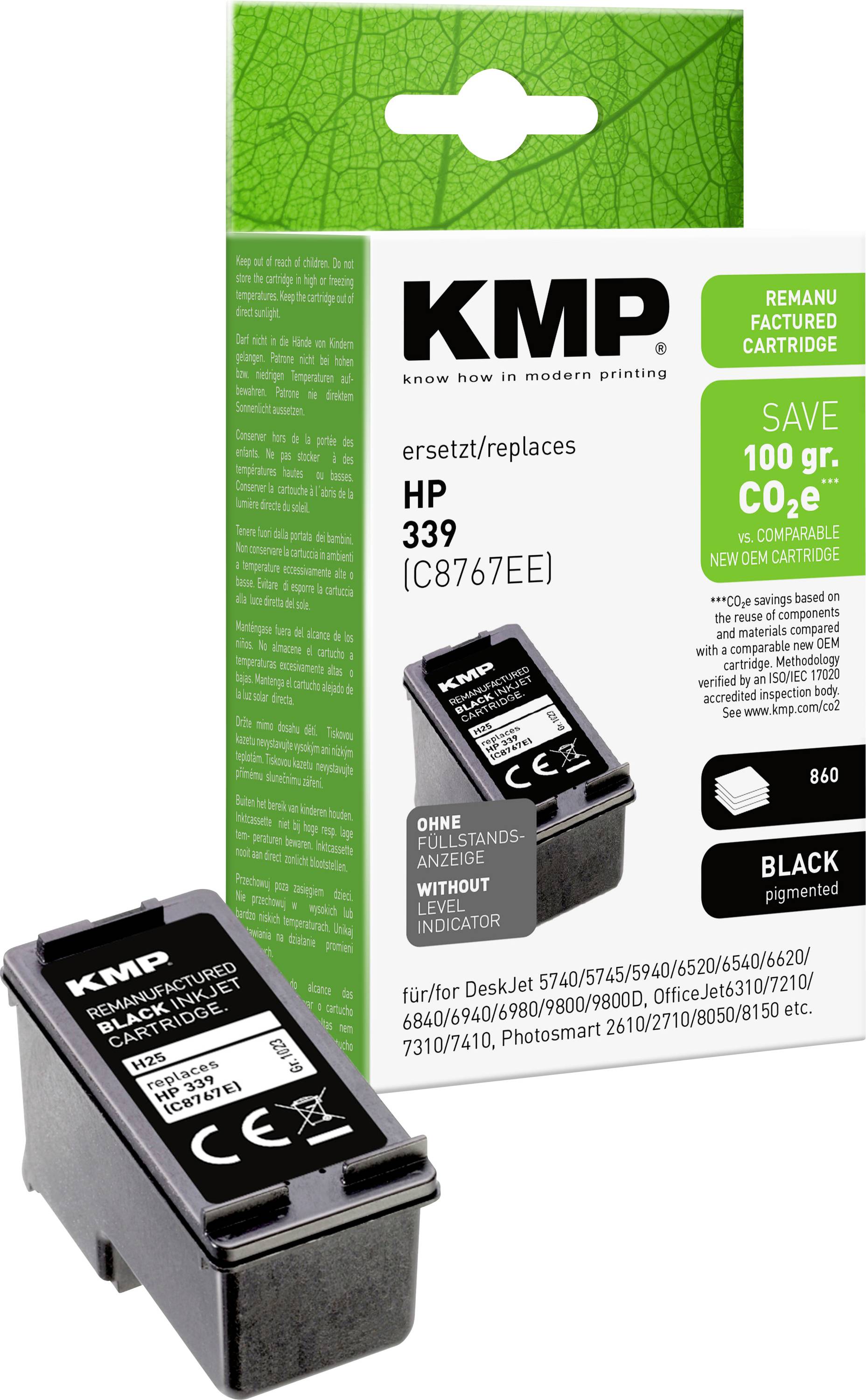 KMP regenerirani crni tintni uložak za HP 339, sa uloskom prikazanim na prednjoj strani i oznakom 'UŠTEDI 100 gr. CO2e'.