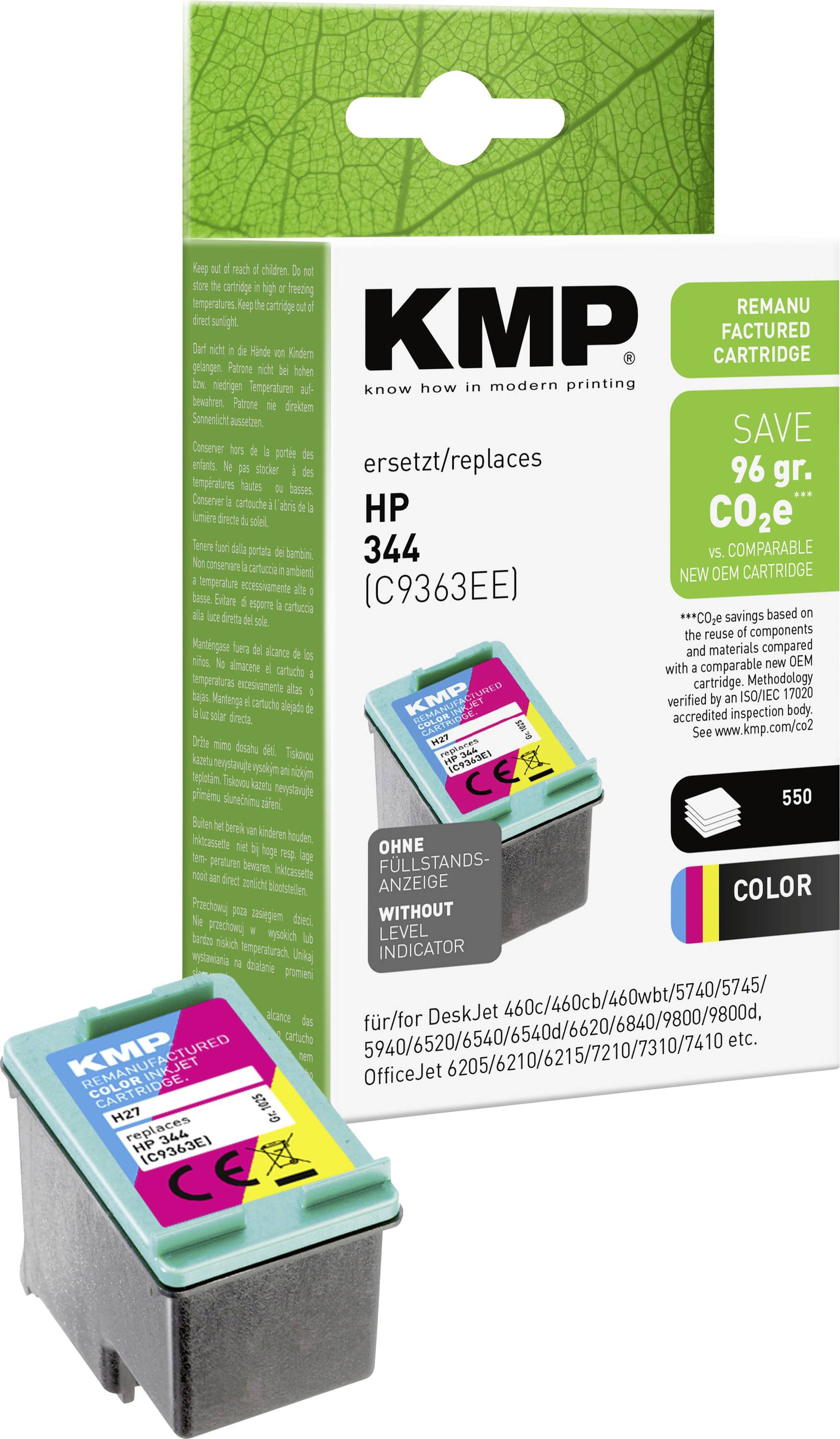 KMP regenerirana tintna kartuša u boji za HP 344 (C9363EE), prikazana u pakiranju s kartušom fotografiranom sprijeda.