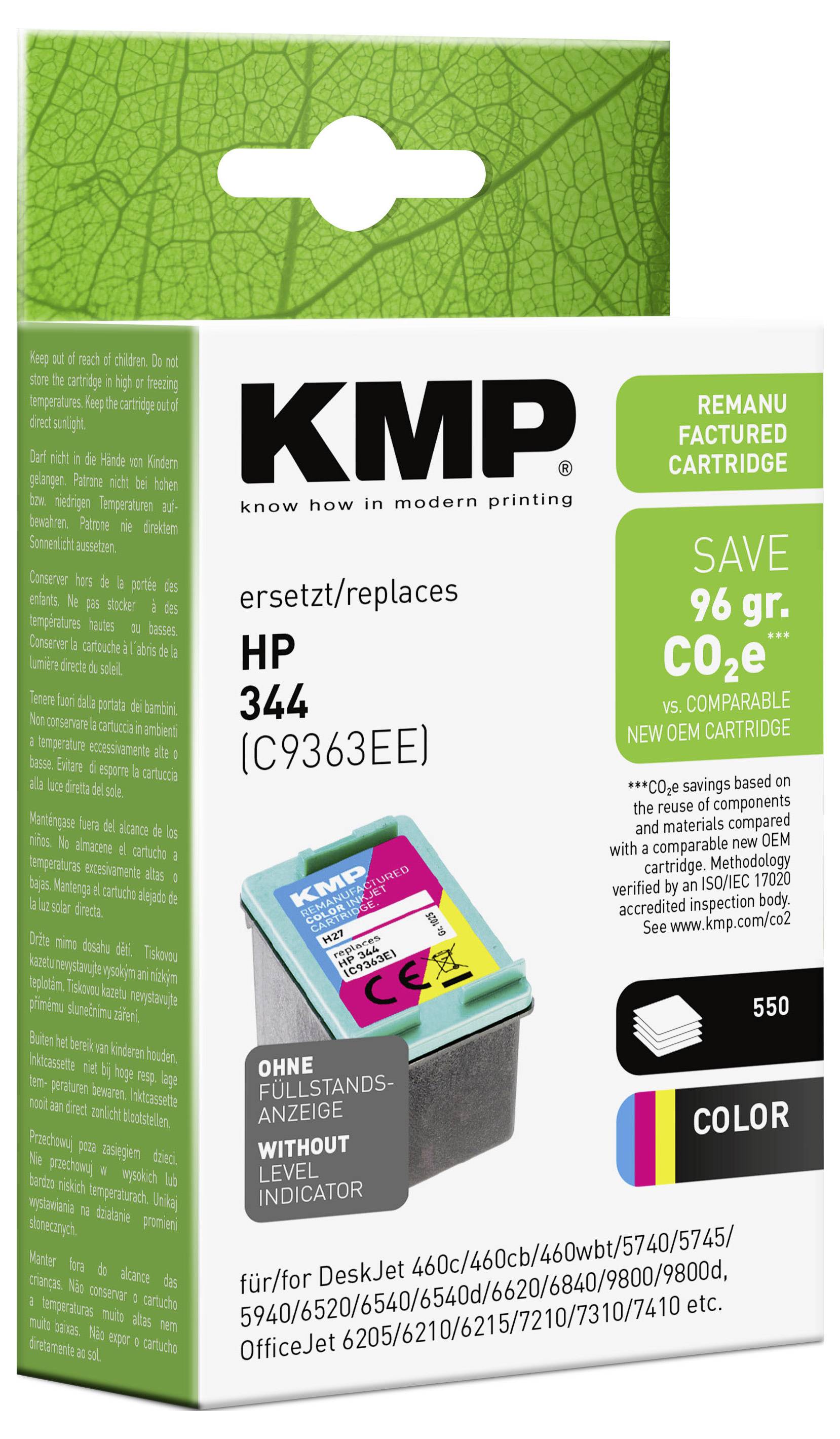 KMP regenerirana kartuša s tintom u kutiji za HP 344, s prikazom barvne kartušе, 'uštedi 96 gr. CO2', i kompatibilnošću s nekoliko modela DeskJet i OfficeJet.