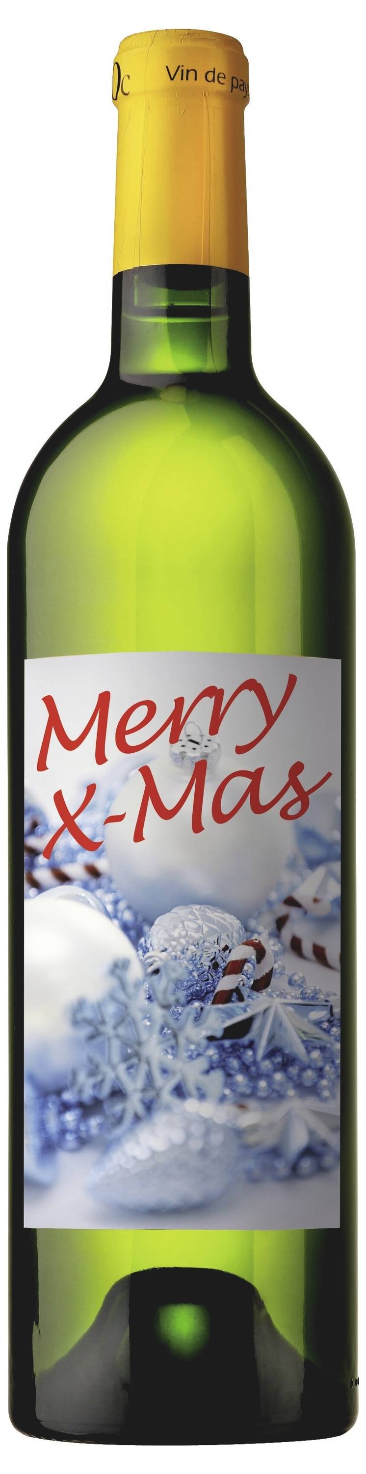 Zelena boca vina označena sa 'Merry X-Mas' s blagdanskim snježnim dizajnom na prednjoj strani.