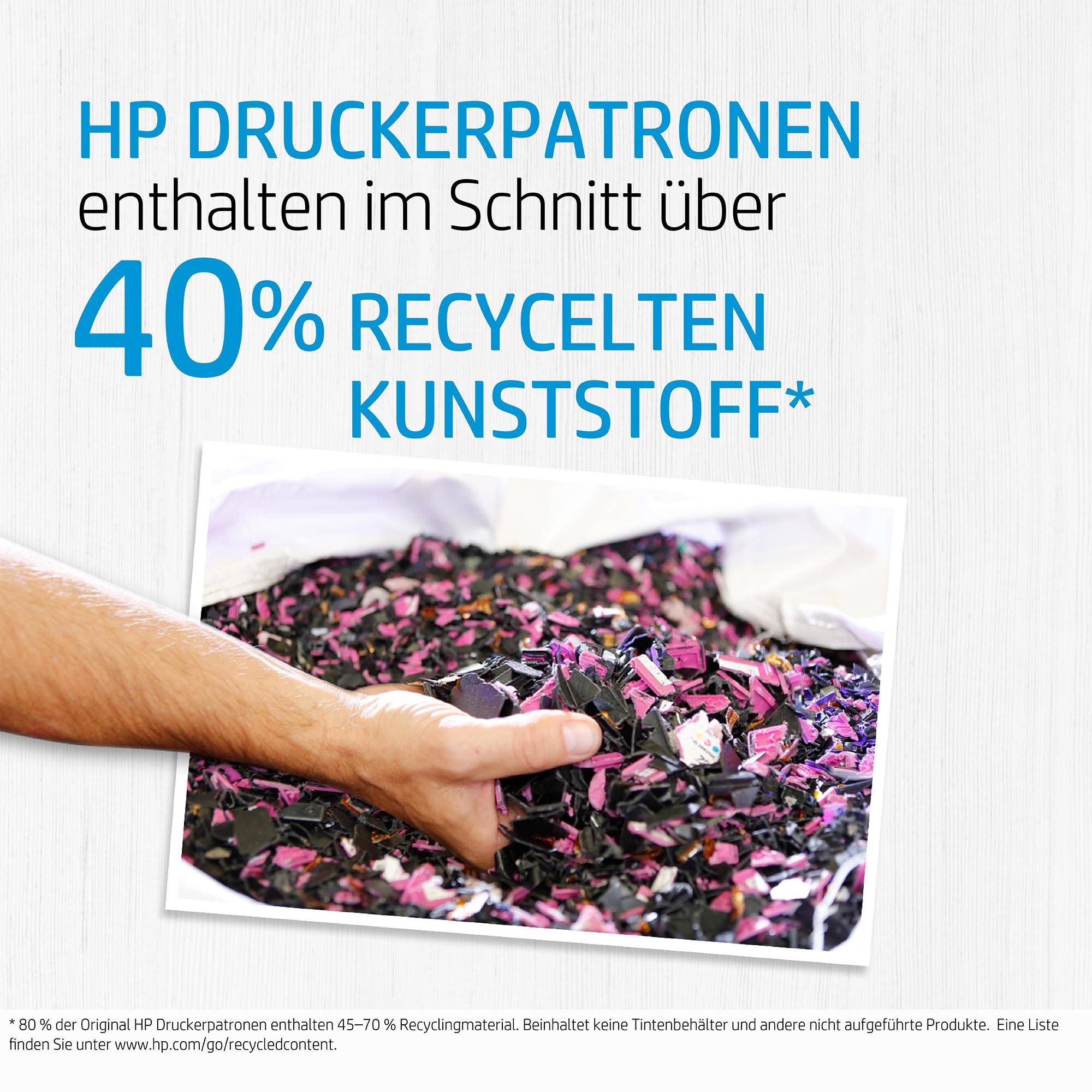 Ruka odlaže tintne cartridge na hrpu recikliranog plastike. Tekst: 'HP tintni cartridgevi u prosjeku sadrže više od 40% recikliranog plastike'.