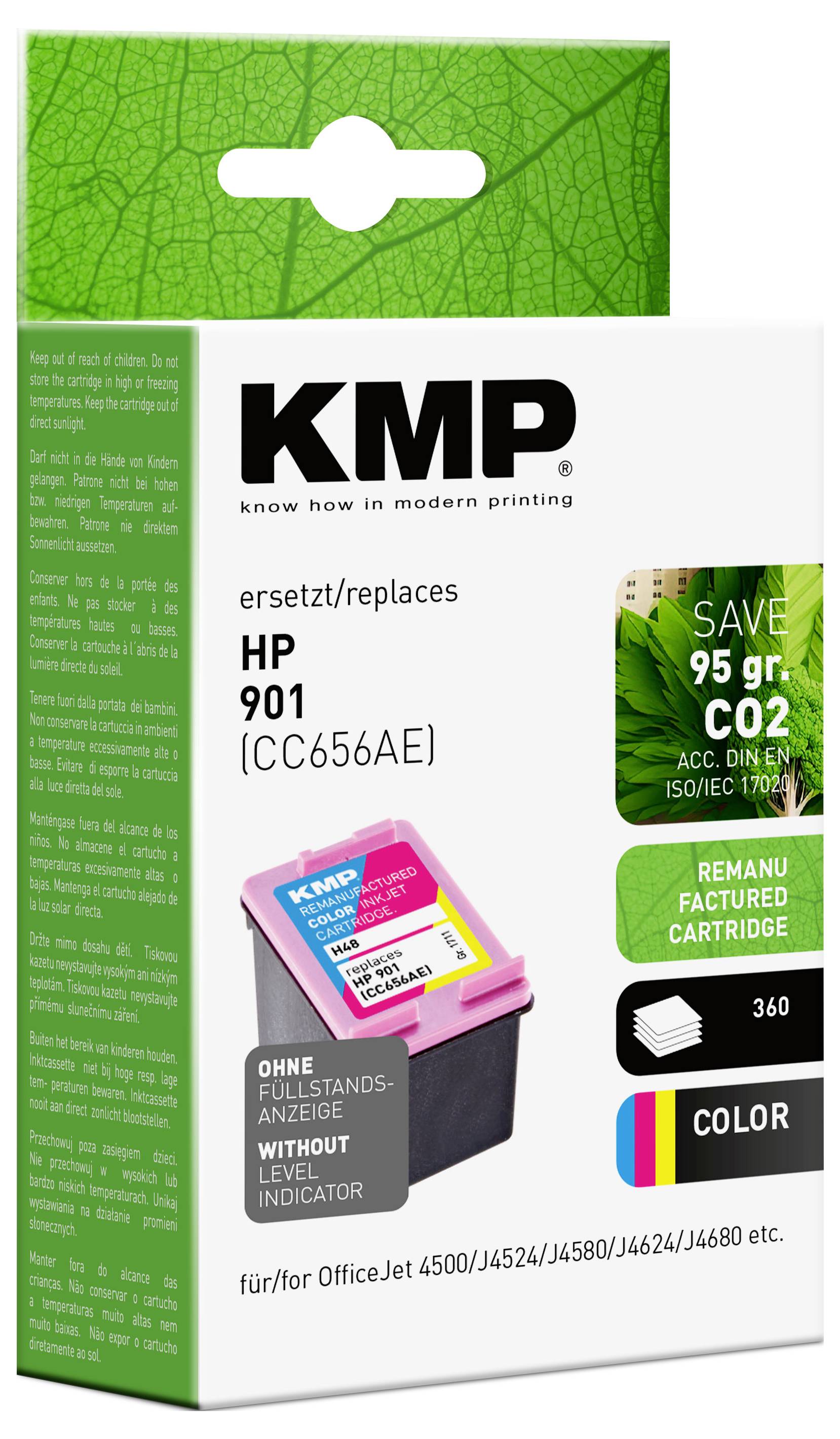 Pakiranje reciklirane tintne patrone marke KMP za HP pisače. Štedi 95 g CO2. Prikladna za OfficeJet 4500 modele.