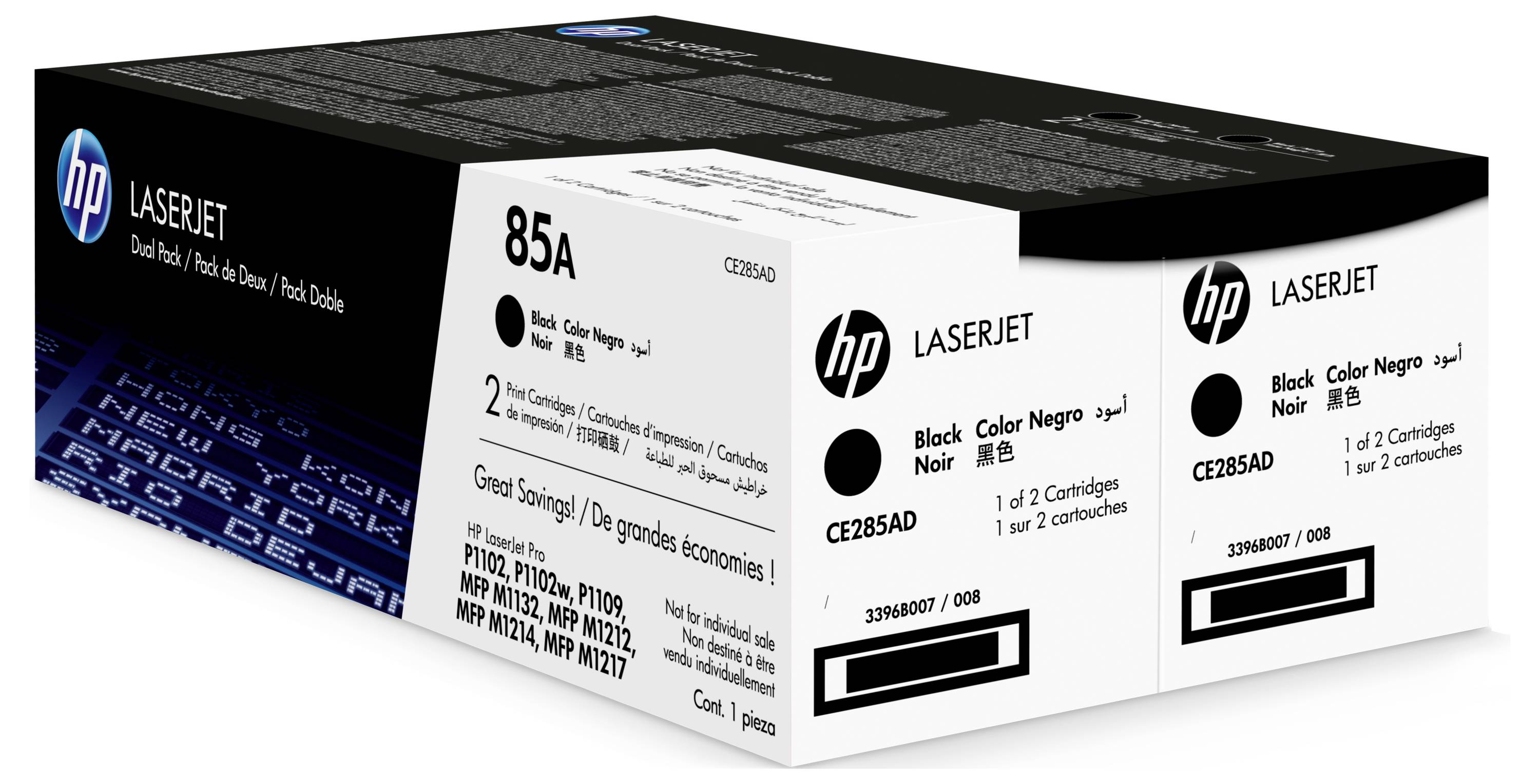 Kutija HP LaserJet 85A crnog tonera, označena sa 'CE285AD' i 'Black Color Negro', prikazana u maloprodajnoj ambalaži.