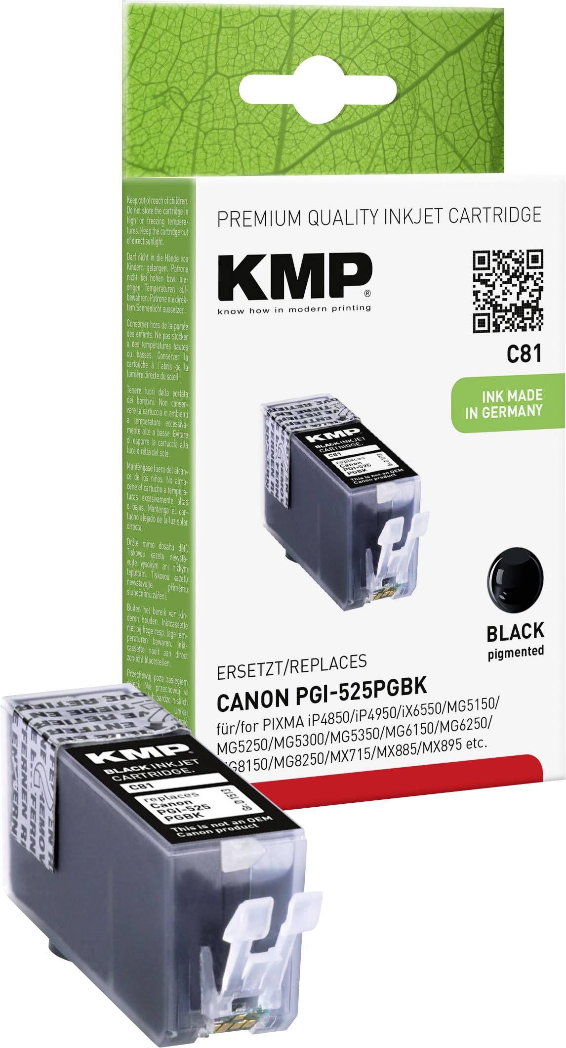 Crna tinta za printer 'KMP PGI-525PGBK', zamjena za Canon PGI-525, prikazana s pakiranjem. Tekst: 'Tinta inkjet premium kvalitete, tinta izrađena u Njemačkoj'.