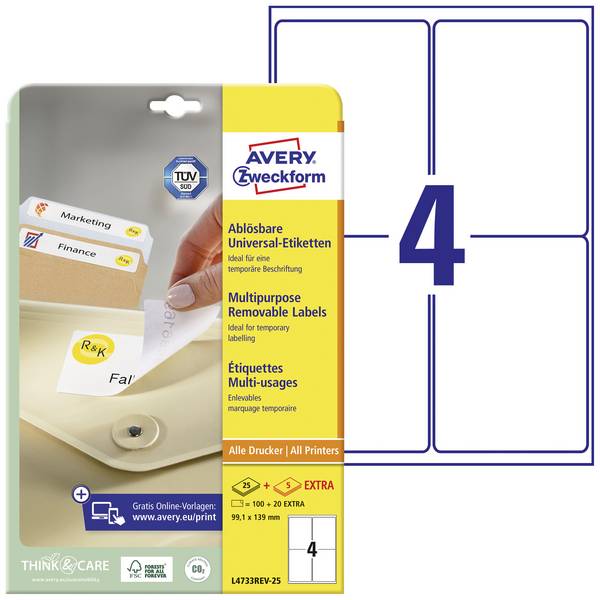 Avery-Zweckform L4733REV-25 univerzalne naljepnice 99.1 x 139 mm papir bijela 120 St. ponovno ljepljenje tintni pisač, laserski pisač, laserski pisač u boji, mašina za kopiranje, kopirni uređaj u boji, rukopis