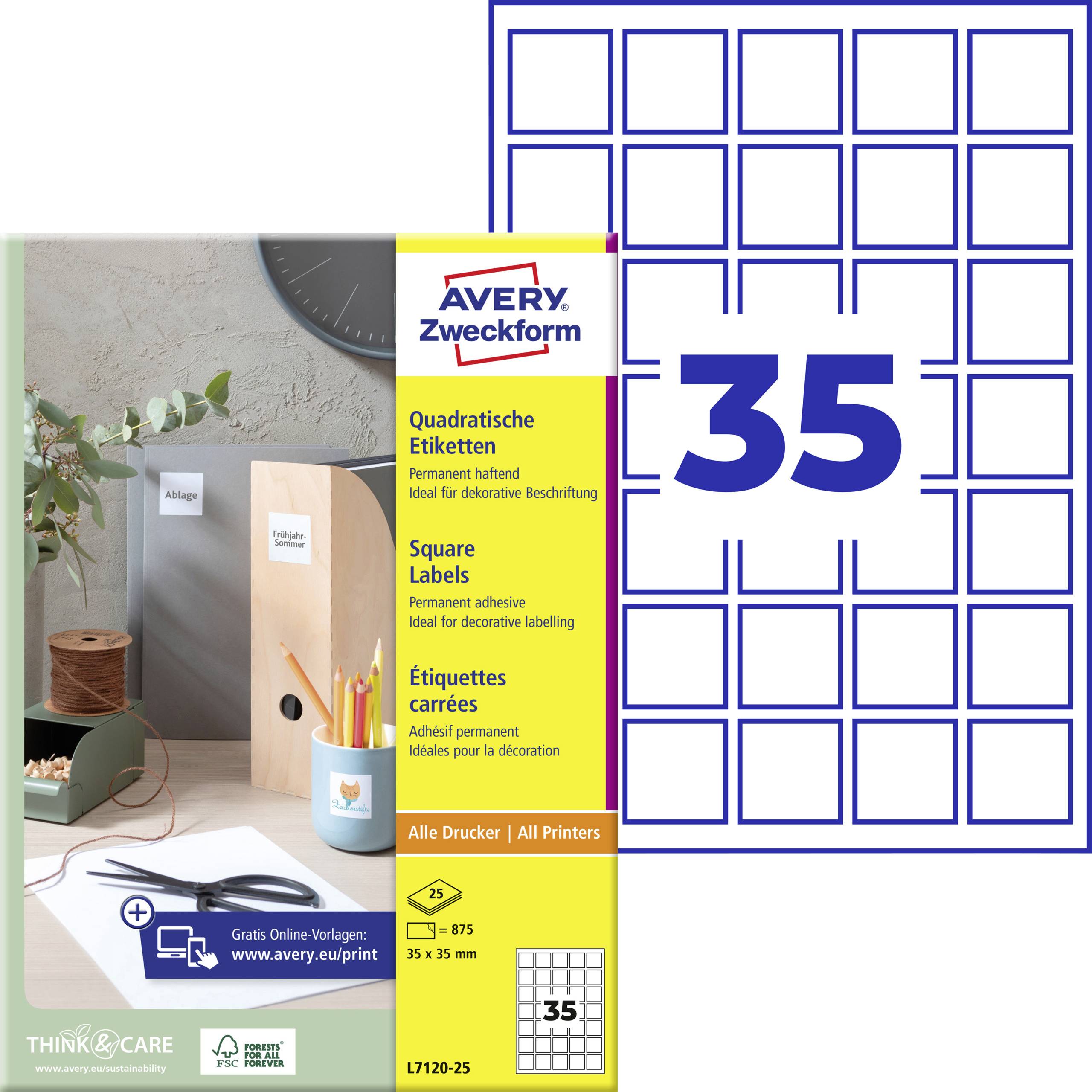 Avery Zweckform kvadratne naljepnice pakovanje za naljepnice od 35 x 35 mm, ukupno 875 komada, sa mrežnim dizajnom od 25 listova prikazanim.