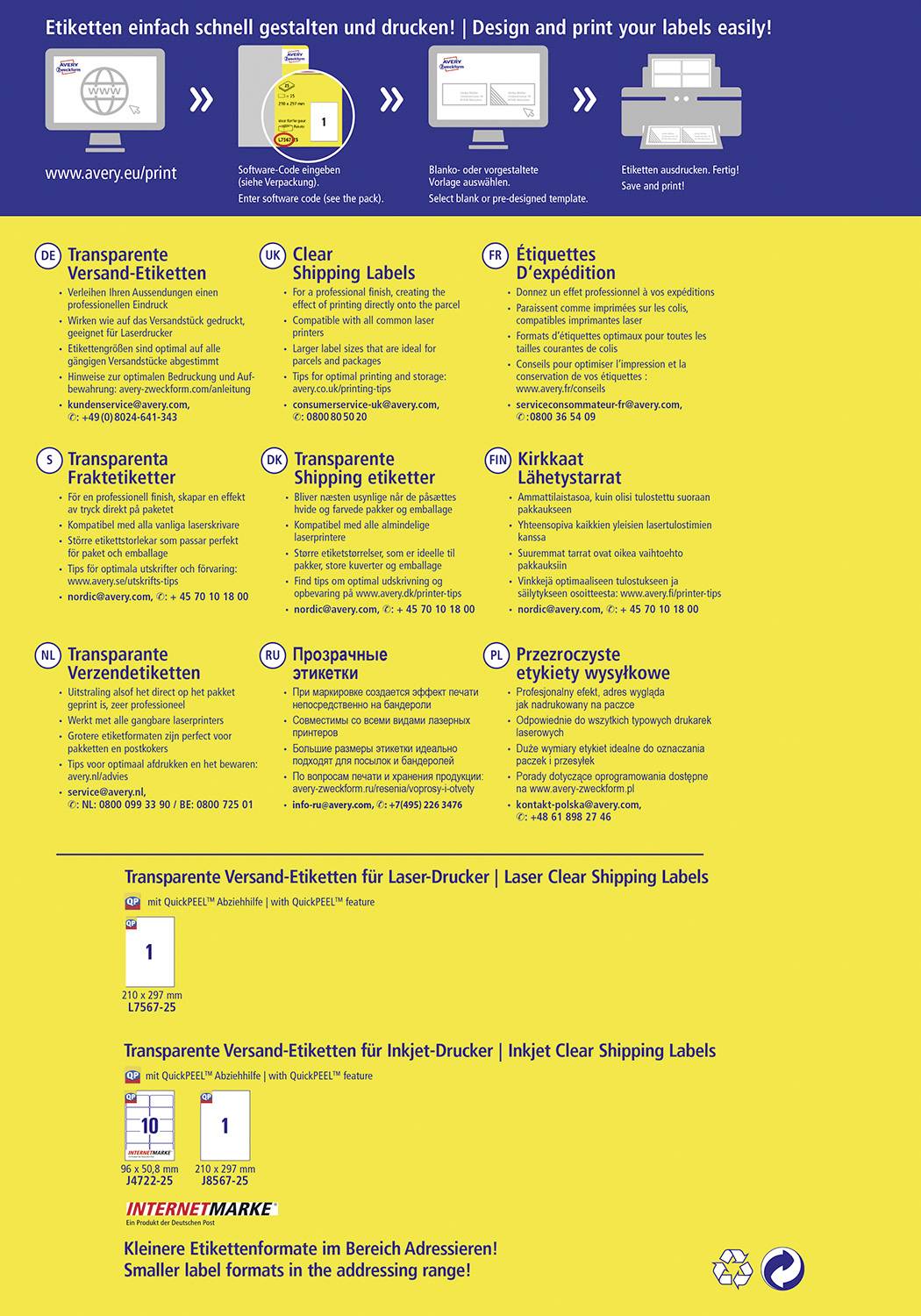 'Jednostavno i brzo oblikujte i tiskajte naljepnice!' Grafika prikazuje različite vrste naljepnica s primjerima primjene i opisom.