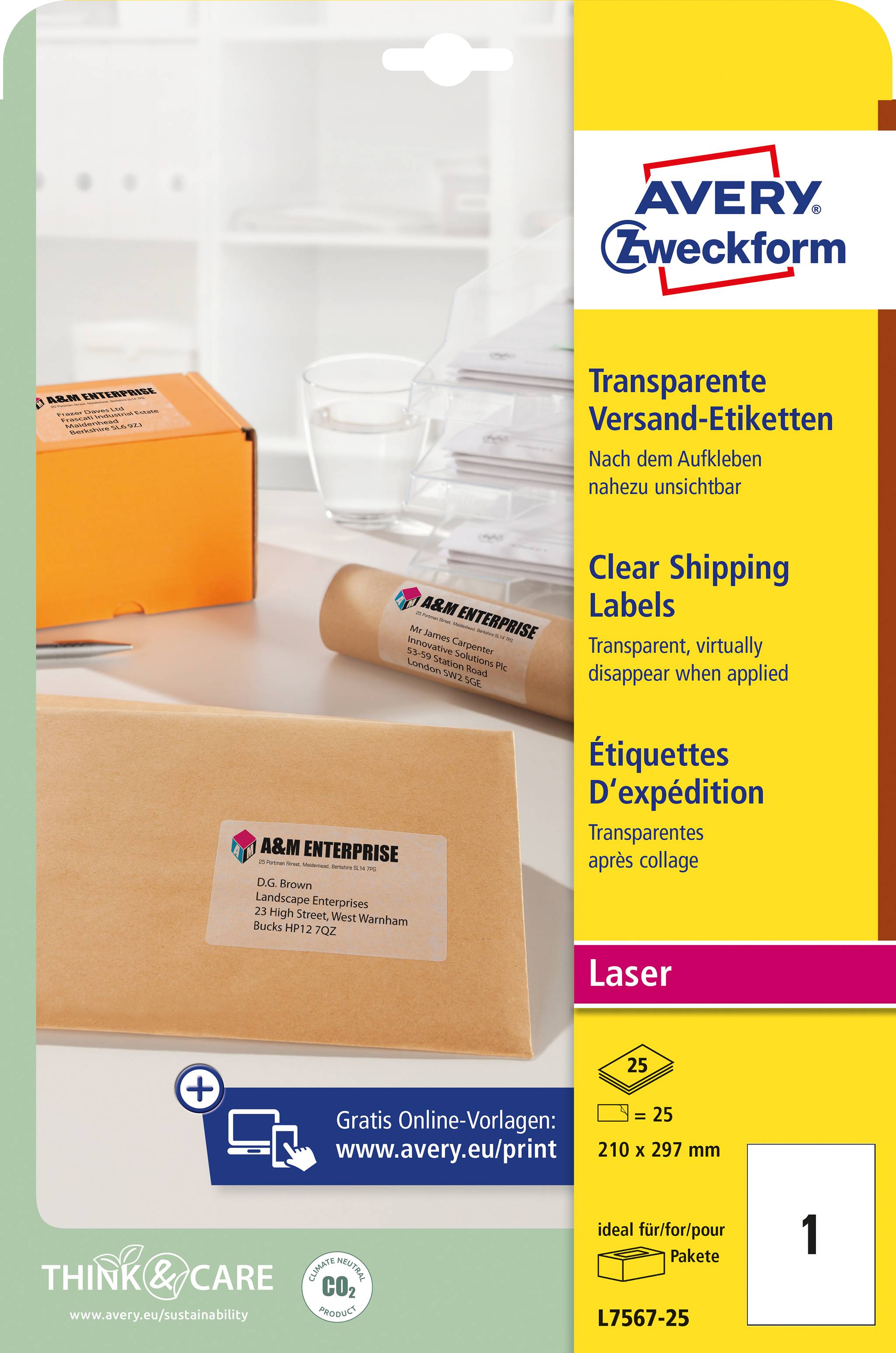 Paket Avery Zweckform transparentnih etiketa za slanje; Veličina 25 x 25 mm; 100 etiketa po pakiranju; Prikladno za laserski ispis.