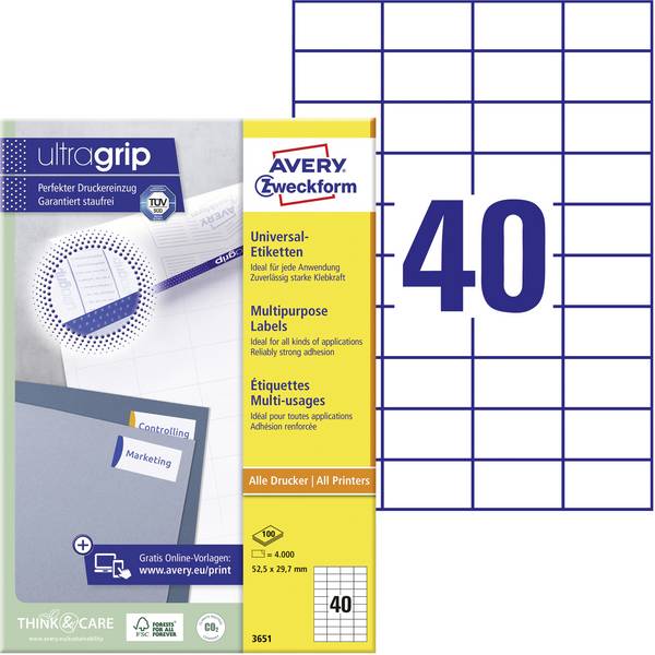 Avery-Zweckform 3651 univerzalne naljepnice 52.5 x 29.7 mm papir bijela 4000 St. trajno prianjanje  tintni pisač, laserski pisač, laserski pisač u boji, mašina za kopiranje, kopirni uređaj u boji, rukopis