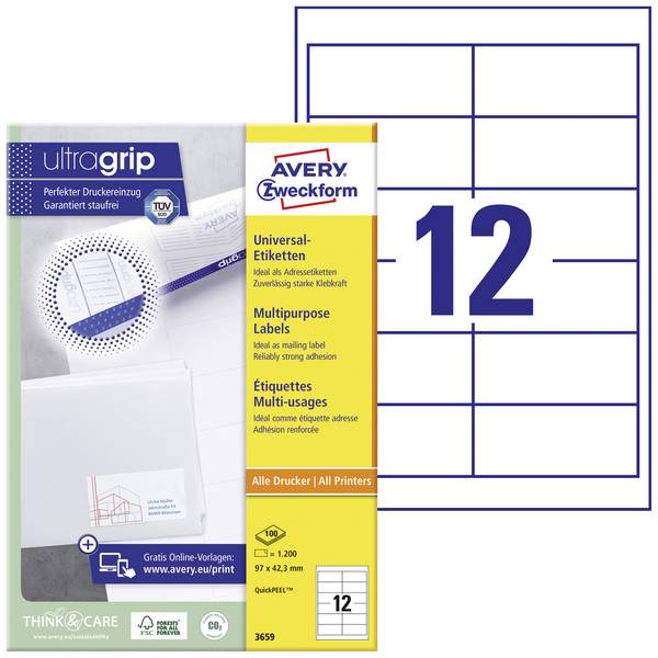 Avery-Zweckform 3659 univerzalne naljepnice 97 x 42.3 mm papir bijela 1200 St. trajno prianjanje  tintni pisač, laserski pisač, laserski pisač u boji, mašina za kopiranje, kopirni uređaj u boji, rukopis