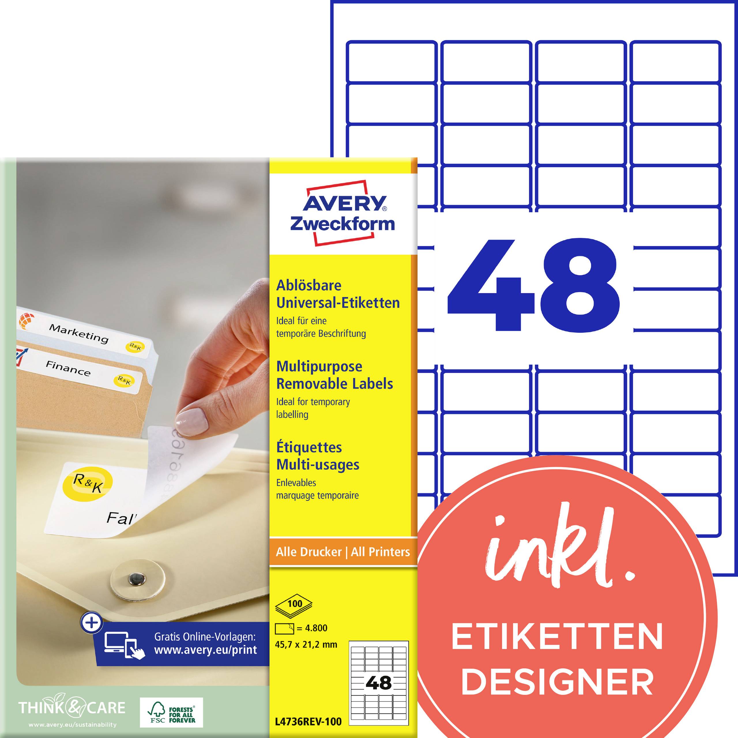 Ambalaža proizvoda Avery Zweckform uklonjivih univerzalnih naljepnica, prikazujući raspored lista sa 48 naljepnica i tekstom 'inkl. Etiketten Designer'.