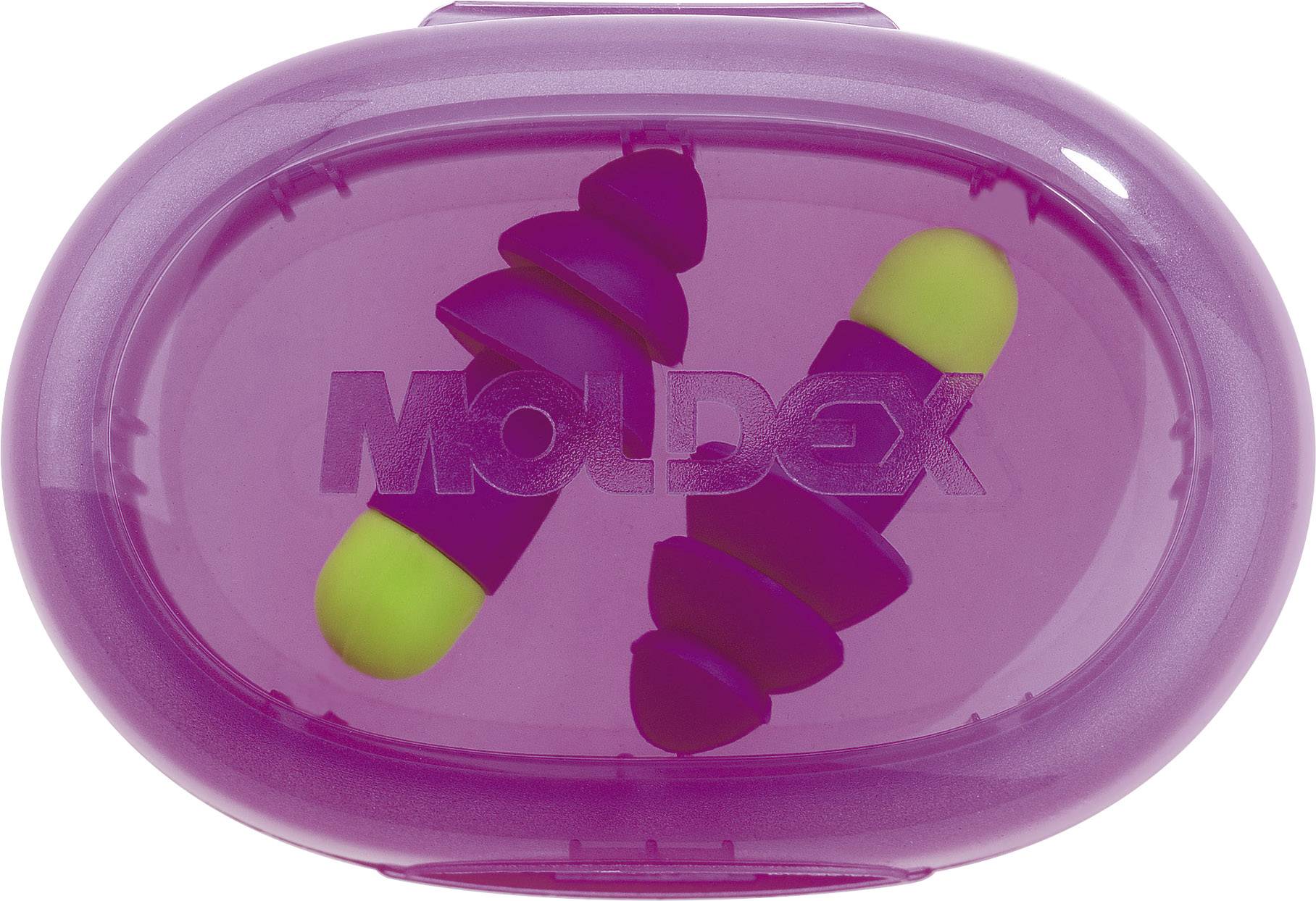 Lila čepići za uši u prozirnom, ovalnom, ljubičastom spremištu s logotipom 'Moldex'-a. Čepići za uši imaju žute vrhove.