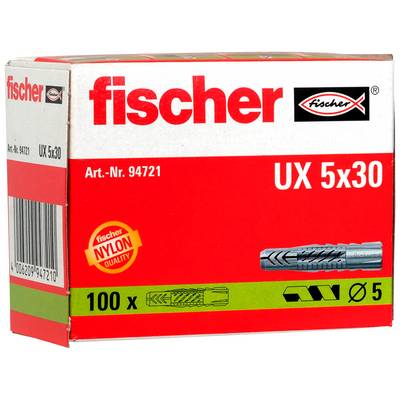 Kutija za pakiranje za Fischer UX 5x30 nylon klinove za zid, označena sa '100 x' i 'Art.-Nr. 94721', sa slikom proizvoda na prednjoj strani.