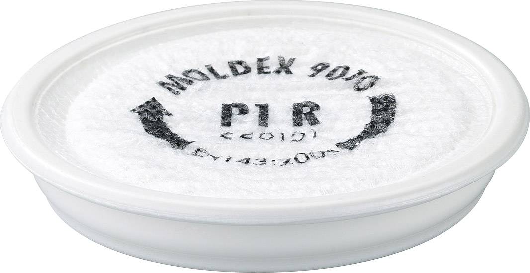 Okrugli, prozirni plastični spremnik s bijelim poklopcem. Na poklopcu piše 'Moldex 9030 P1 R CE 0121 EN 143:2000'.